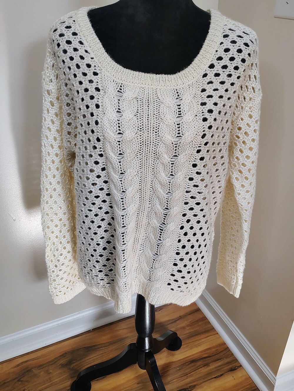 Cream Open Knit Cable Knit Sweater Oversized Wool Blend Pullover - Picture 6 of 7